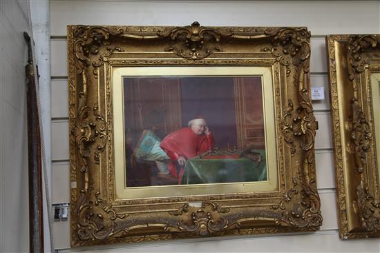 Georges Croegaert (1848-1923) Cardinals playing chess and reading a book 10 x 13.5in.